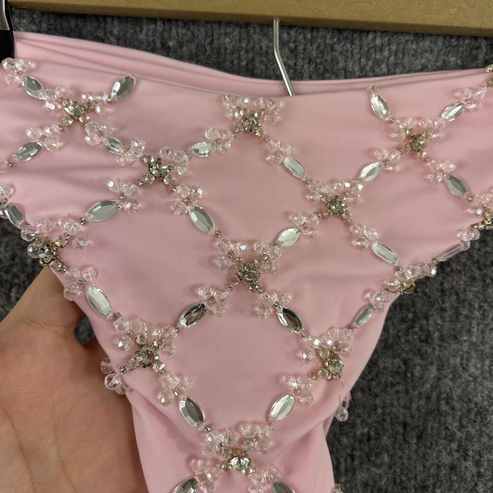 Oceanus Bikini Set XS Pink Embellished Triangle Top Bottom Rhinestone Beach Pool - Picture 7 of 12